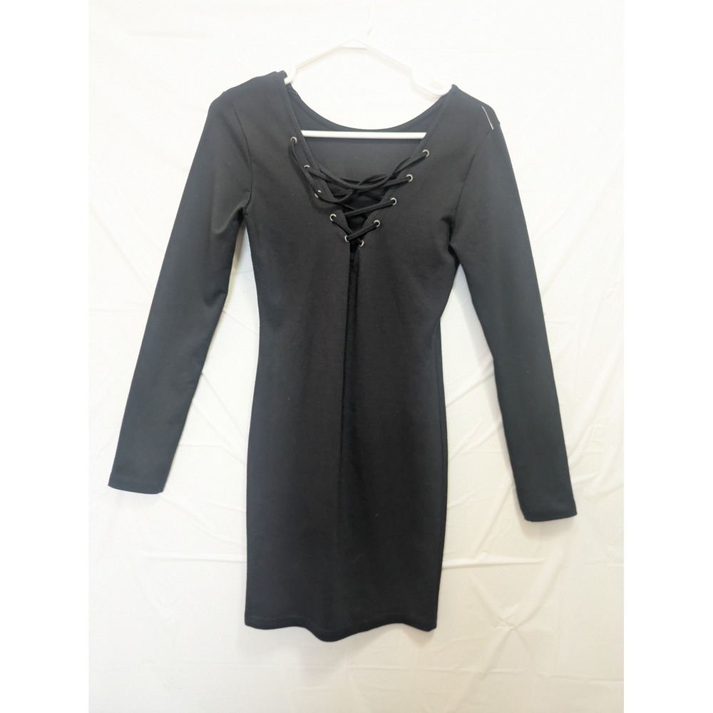 ONLY Dress Womens XS Black Lace Up Bodycon Mini Long Sleeve Stretch Knit NWT‎